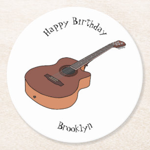 Acoustic guitar cartoon illustration round paper coaster