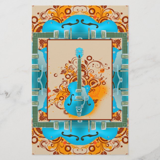 Acoustic Guitar Floral Grunge Vintage Stationery (Front)