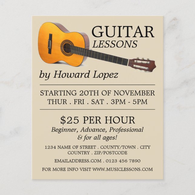 Acoustic Guitar, Guitar Lessons Advertising Flyer (Front)