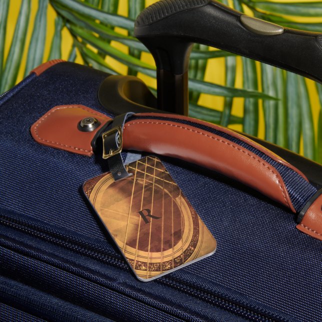 Acoustic guitar monogrammed luggage tag (Front Insitu 1)