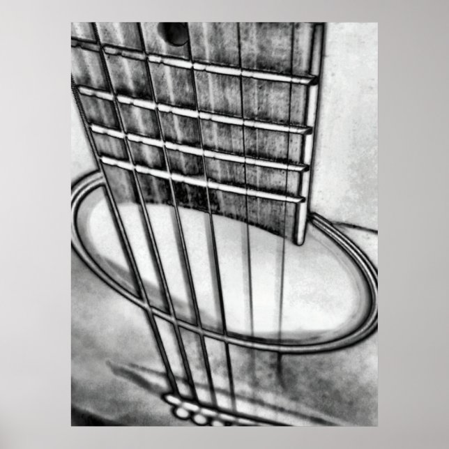 Acoustic Guitar Perspective Strings Black White Poster (Front)