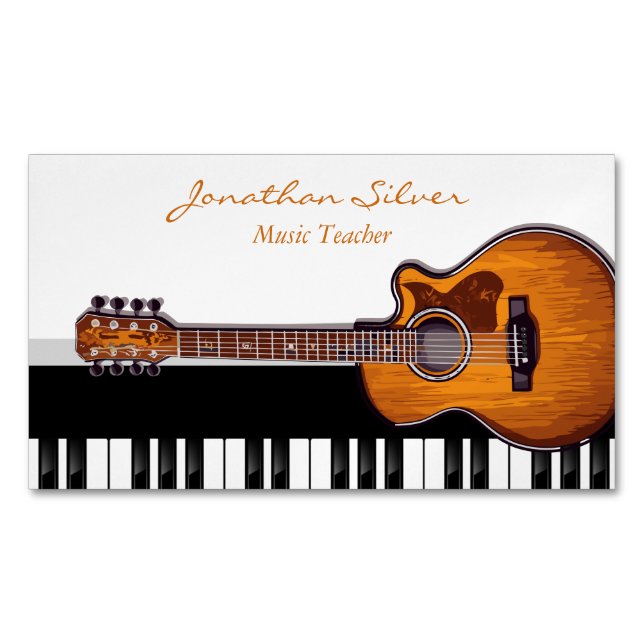 Acoustic Guitar Piano Keys Music Teacher Magnetic Business Card (Front)