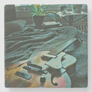 Acoustic guitar player stone coaster