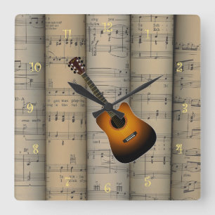 Acoustic Guitar ~ Rolled Sheet Music Background Square Wall Clock