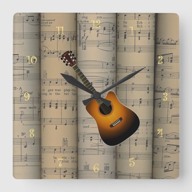 Acoustic Guitar ~ Rolled Sheet Music Background Square Wall Clock (Front)