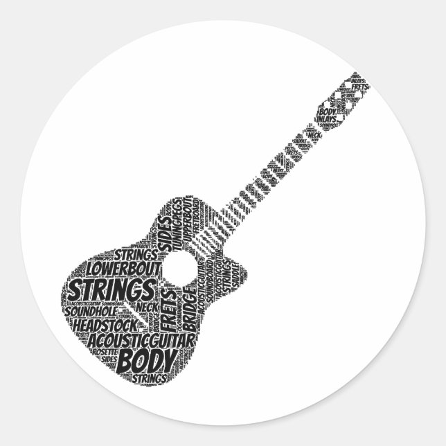 Acoustic Guitar Shaped Word Art Black Text Classic Round Sticker (Front)