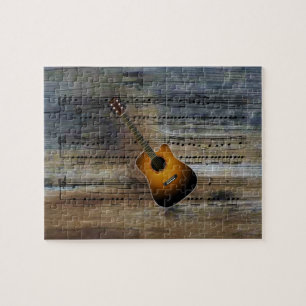 Acoustic Guitar~Sheet Music On Barnwood Background Jigsaw Puzzle