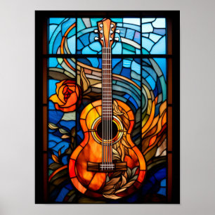 Acoustic Guitar Stained Glass Window Design Poster