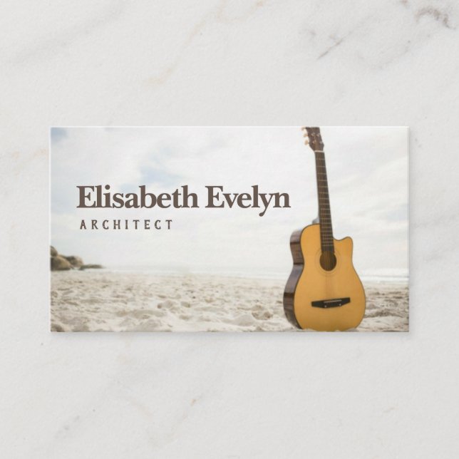 Acoustic guitar standing in the sand business card (Front)