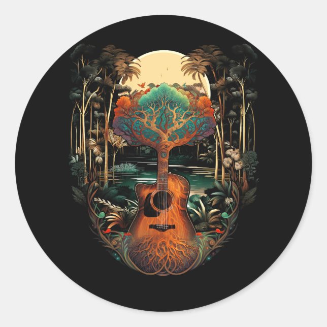 Acoustic Guitar Sunset By The Lake Root Guitarist  Classic Round Sticker (Front)