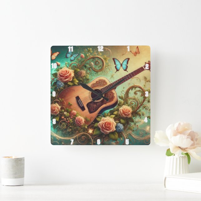 Acoustic Guitar Surrounded Flowers and Butterflies Square Wall Clock (Home)