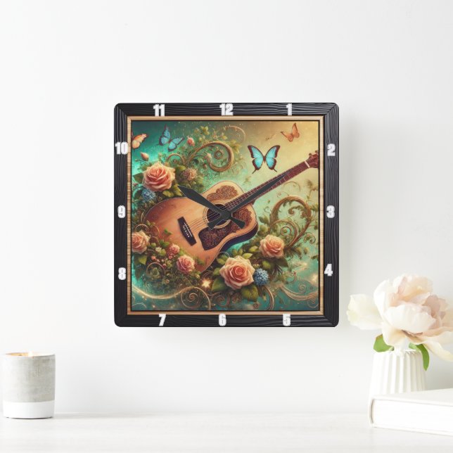 Acoustic Guitar Surrounded Flowers and Butterflies Square Wall Clock (Home)