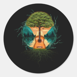 Acoustic Guitar Tree By The Lake Guitarist Nature  Classic Round Sticker