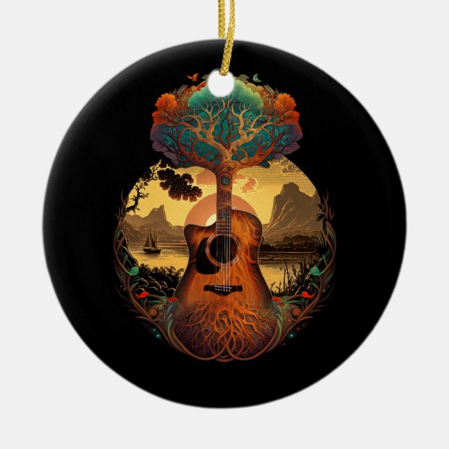 Acoustic Guitar Tree By The Lake Guitarist Sunset  Ceramic Tree Decoration (Front)