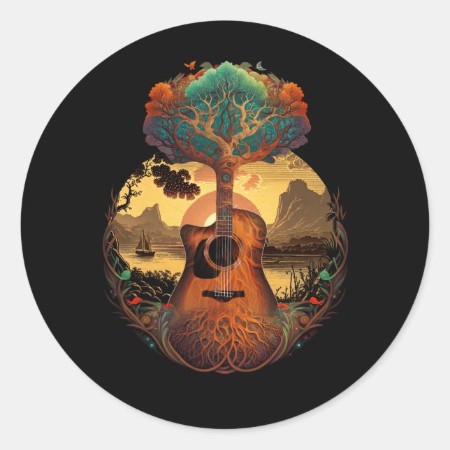 Acoustic Guitar Tree By The Lake Guitarist Sunset  Classic Round Sticker (Front)