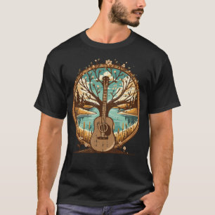 Acoustic Guitar Tree Lake Art Retro Guitarist Wome T-Shirt