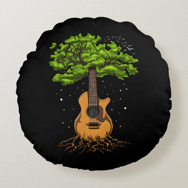 Acoustic Guitar Tree Of Life Round Cushion (Front)