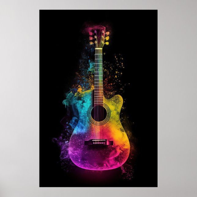 Acoustic guitar with exploding colours  poster (Front)