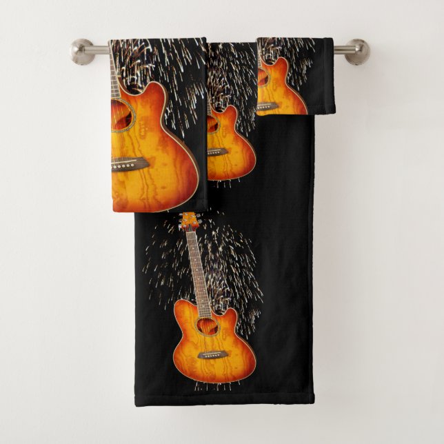 Acoustic Guitar With Fireworks, Bath Towel Set (Insitu)