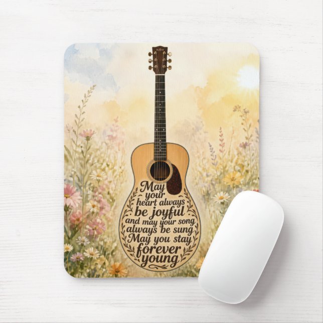 Acoustic Guitar with Forever Young Text Mouse Mat (With Mouse)