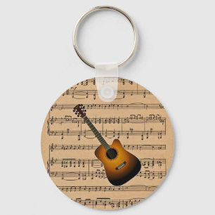 Acoustic Guitar With Sheet Music Background Key Ring
