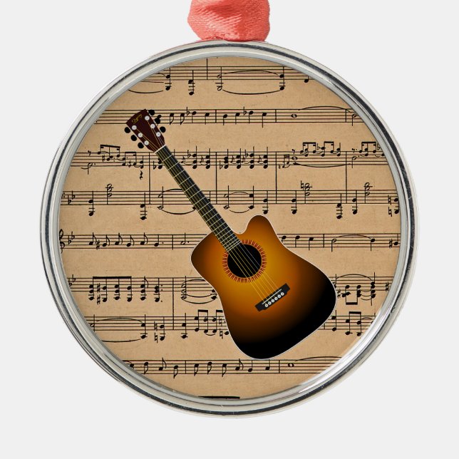 Acoustic Guitar With Sheet Music Background Metal Tree Decoration (Front)