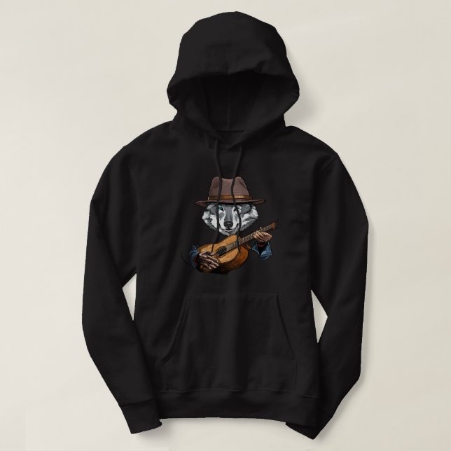 Acoustic Guitar Wolf Guitar Player Forest Animal G Hoodie (Design Front)