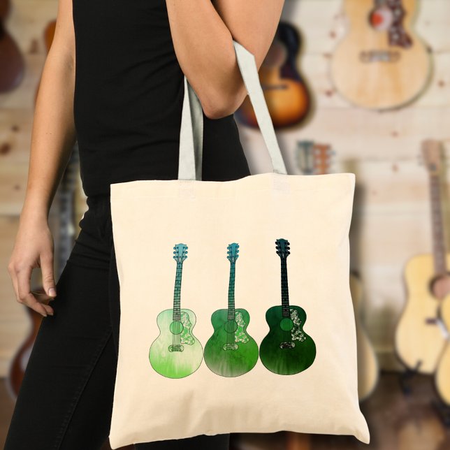 Acoustic guitars illustration green tote bag (Green acoustic guitar pop art cool music tote bag)