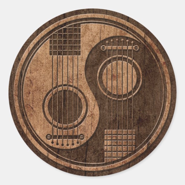 Acoustic Guitars Yin Yang with Wood Grain Effect Classic Round Sticker (Front)