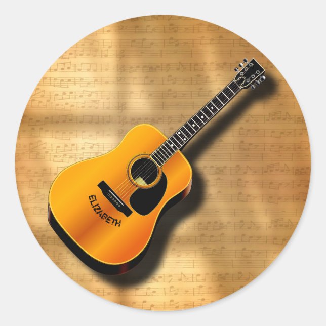 Acoustic Vintage Guitar With Musician Custom Name Classic Round Sticker (Front)