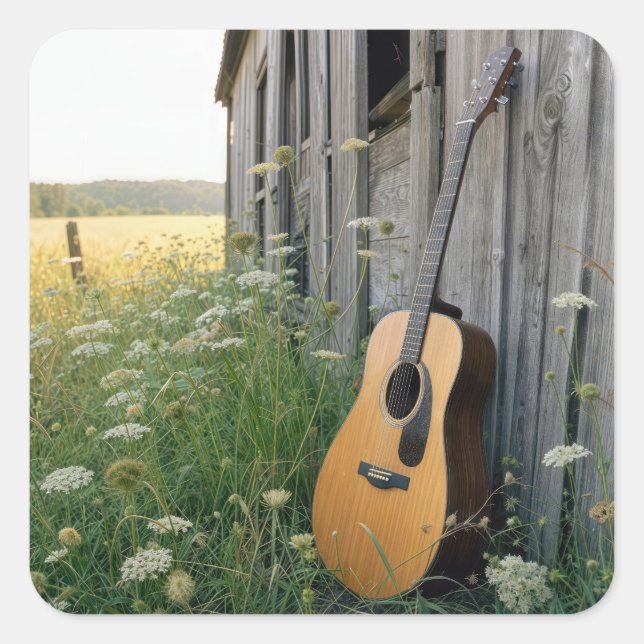 Acoustical Guitar Leaning on a Country Barn Square Sticker (Front)