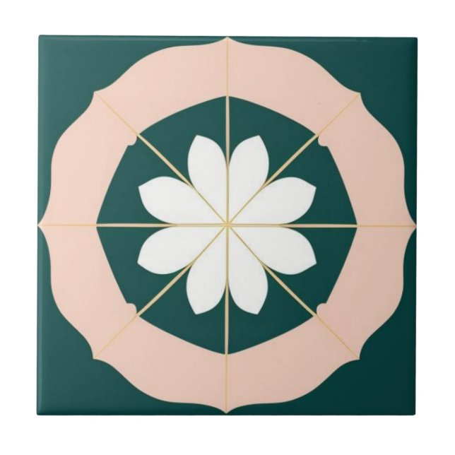 Acqua-green, white and pink floral tile (Front)
