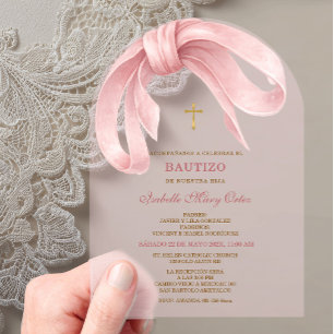 Acrílica Rosa Lazo Dorada Cruz Bautizo Niña Acrylic Invitations