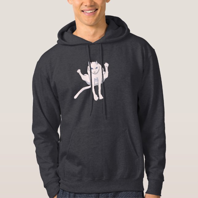Acrobatically jumping white athlete cat hoodie (Front)