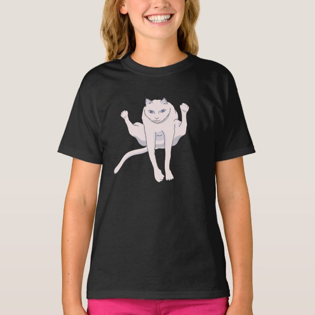 Acrobatically jumping white athlete cat T-Shirt (Front)