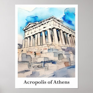 Acropolis of Athens Greece Watercolor Travel Poster