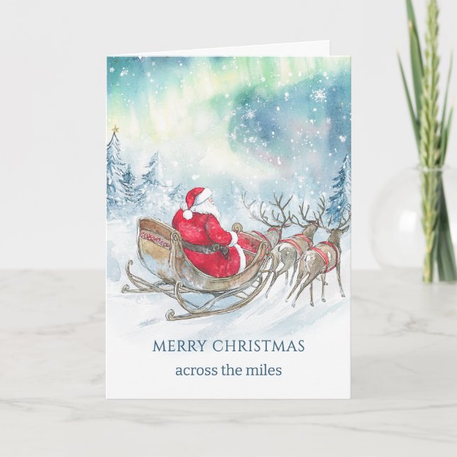 Across the Miles Santa Reindeers Sleigh Christmas Holiday Card (Front)