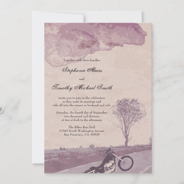 Across the road motorcycle wedding invitation (Front)