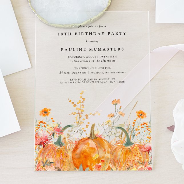 ACRYLIC 19th Birthday Fall Pumpkin Wildflower Invitations (Creator Uploaded)
