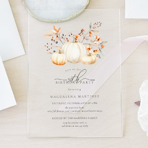 ACRYLIC 50th Birthday White Pumpkin Fall Leaves Acrylic Invitations