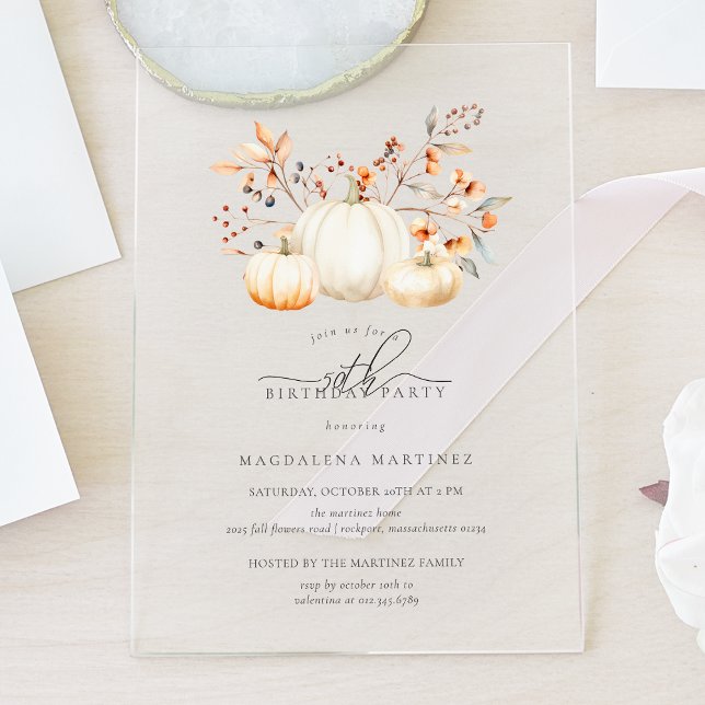 ACRYLIC 50th Birthday White Pumpkin Fall Leaves Acrylic Invitations (Creator Uploaded)