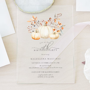 ACRYLIC 70th Birthday White Pumpkin Fall Leaves Invitations