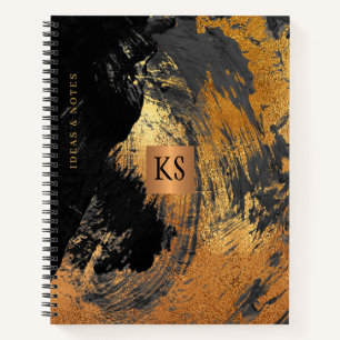 Acrylic abstract painting black gold monogrammed notebook