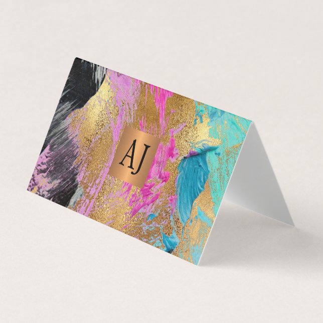 Acrylic abstract painting copper gold monogrammed business card (Front)
