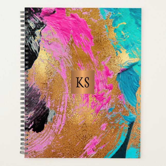 Acrylic abstract painting copper gold monogrammed planner (Front)