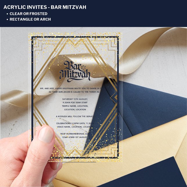 ACRYLIC BAR MITZVAH Modern Navy Gold Classy Acrylic Invitations (Creator Uploaded)