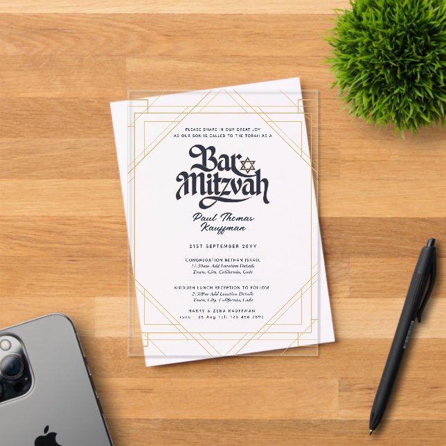 Acrylic BAR MITZVAH Navy Gold Luxury Minimalist Acrylic Invitations (Insitu (Invitation Card))