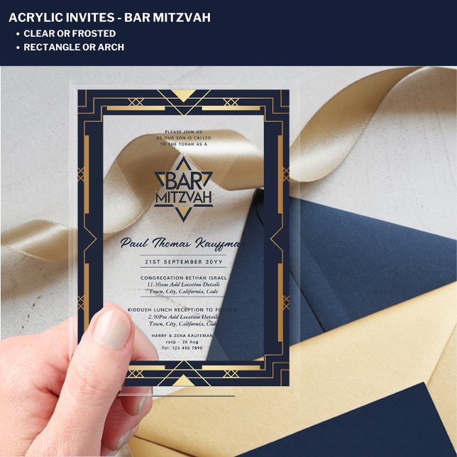 Acrylic BAR MITZVAH Navy Gold Modern Clear Elegant Acrylic Invitations (Creator Uploaded)