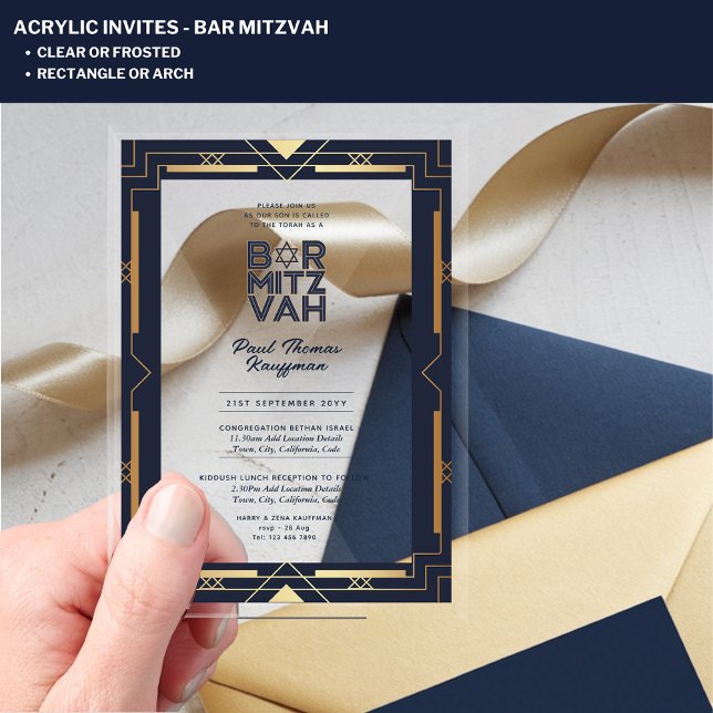 Acrylic BAR MITZVAH Navy Gold Modern Clear Elegant Invitations (Creator Uploaded)