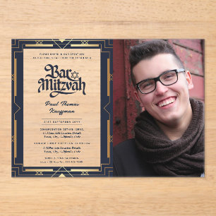 ACRYLIC BAR MITZVAH Photo Blue Gold Elegant Invitations